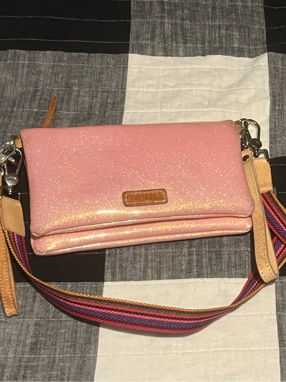 Pink Glitter Consuela Uptown Crossbody Bag with Multicolor Strap